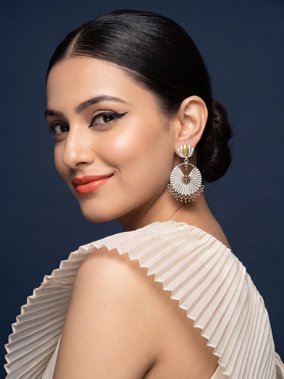  Libas Set of 2: Silver Tone Floral Stud and Lotus Drop Earrings 