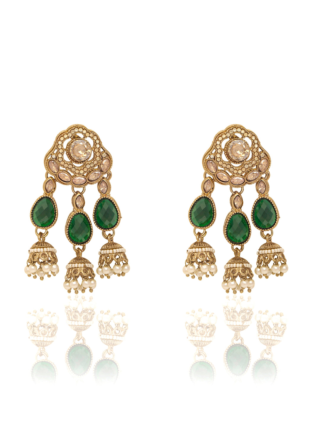  Libas Gold Tone Green Stone Jhumka Drop Chandelier Earrings 