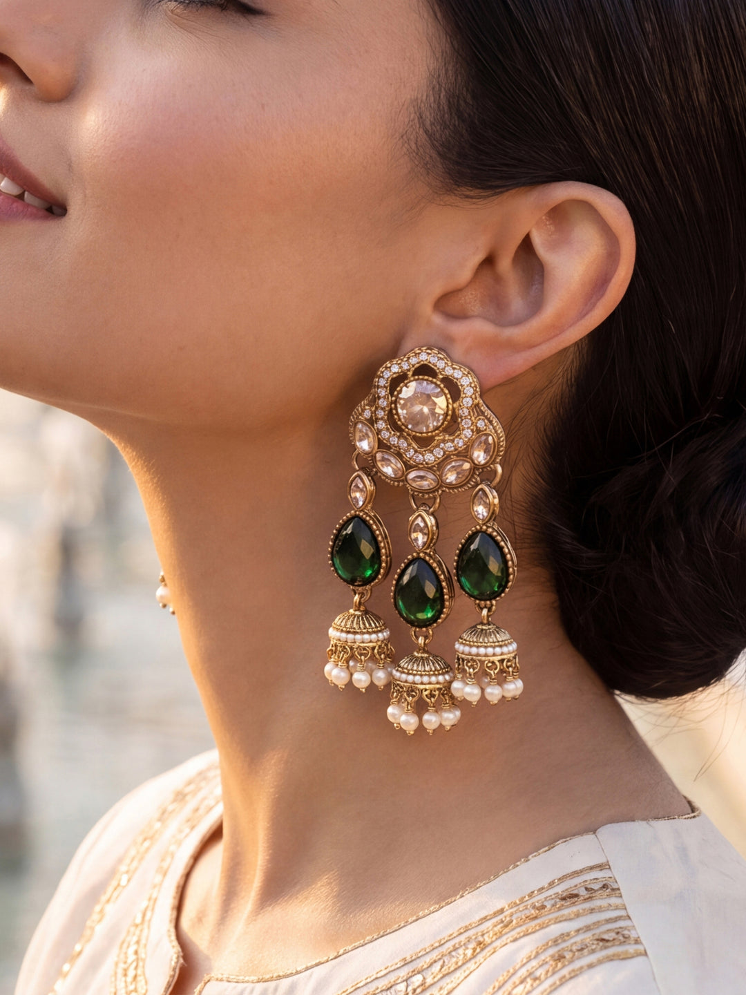  Libas Gold Tone Green Stone Jhumka Drop Chandelier Earrings 