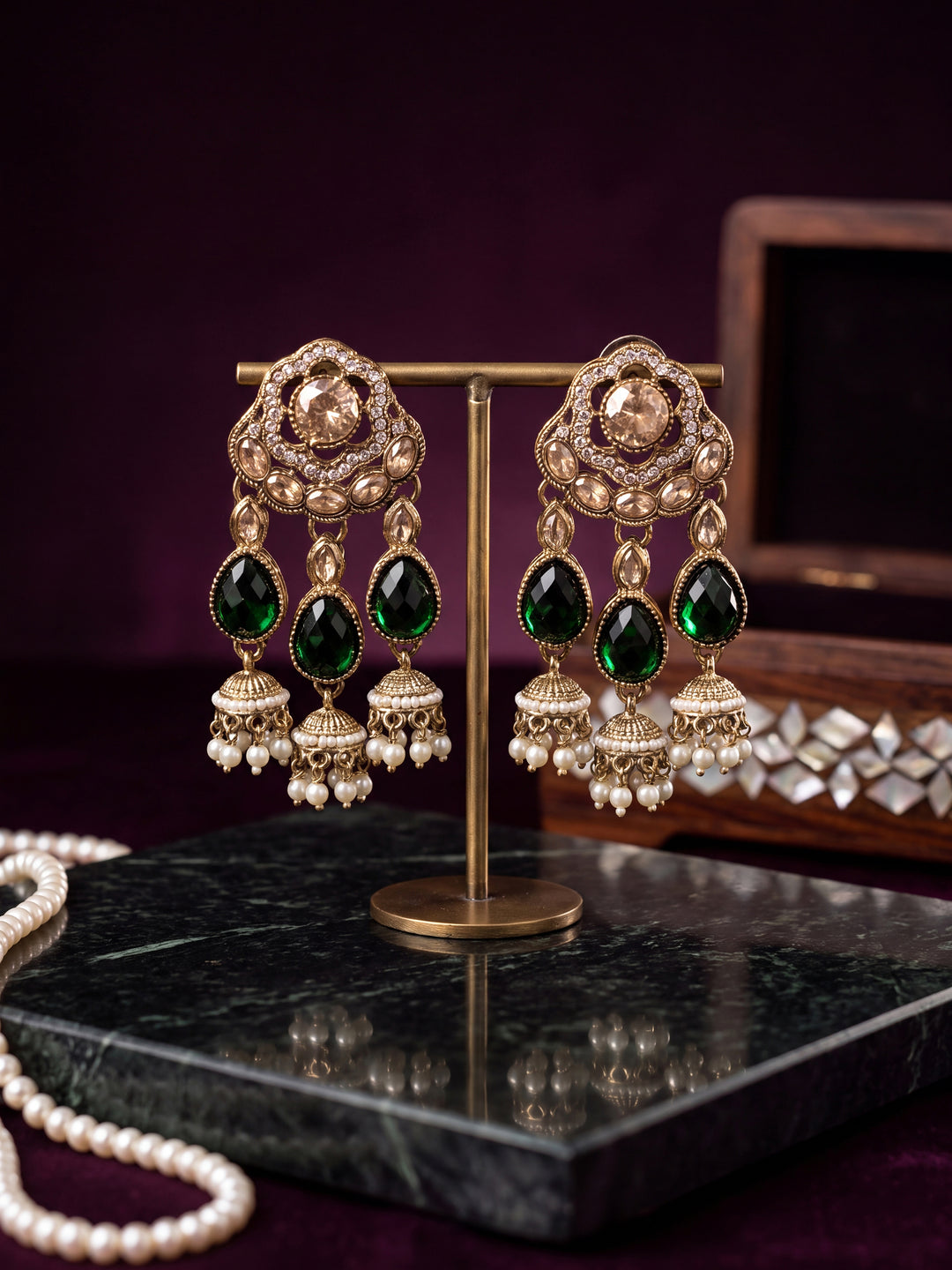  Libas Gold Tone Green Stone Jhumka Drop Chandelier Earrings 