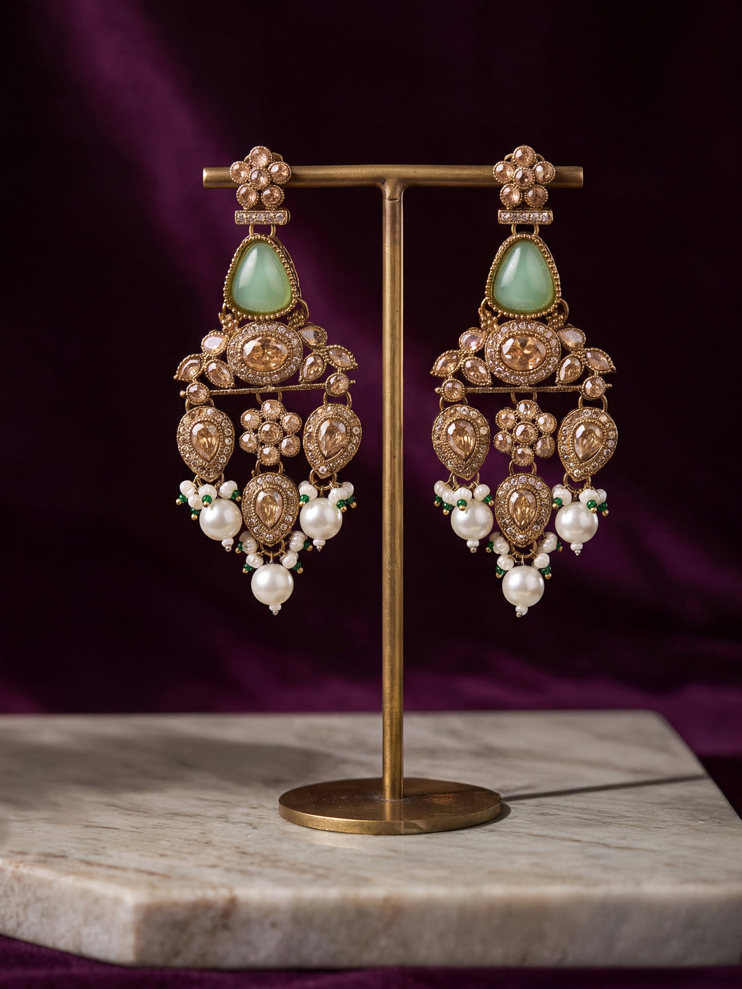  Libas Gold Tone Mint Green Stone Chandelier Earrings 