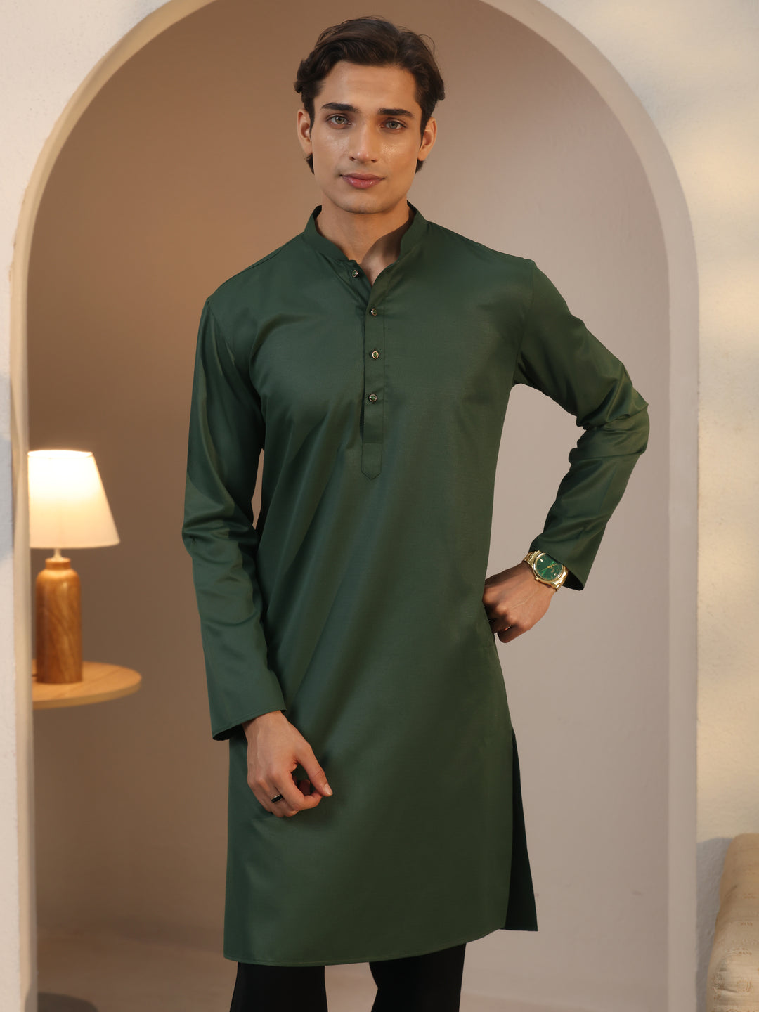  Libas Men's Green Cotton Straight Kurta 