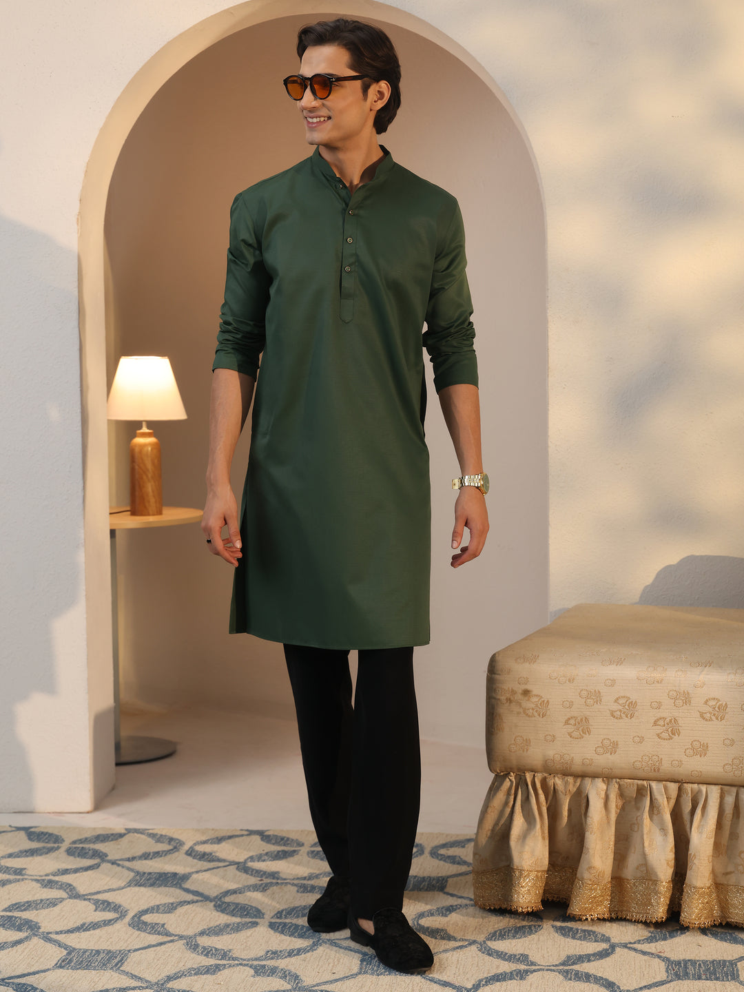  Libas Men's Green Cotton Straight Kurta 