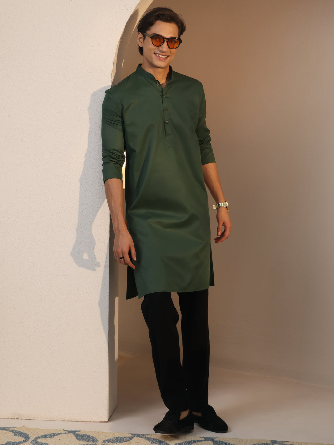  Libas Men's Green Cotton Straight Kurta 