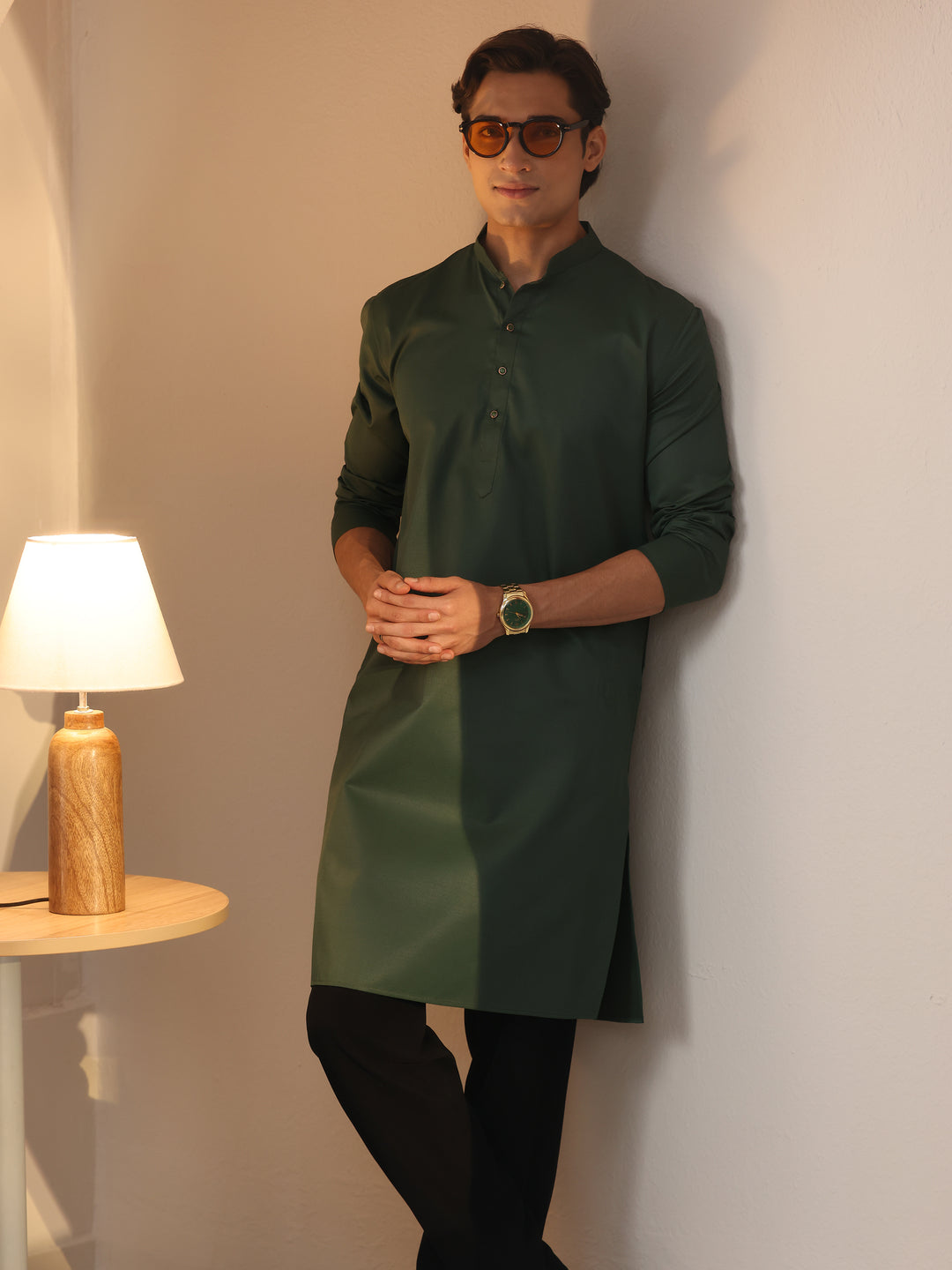 Libas Men's Green Cotton Straight Kurta