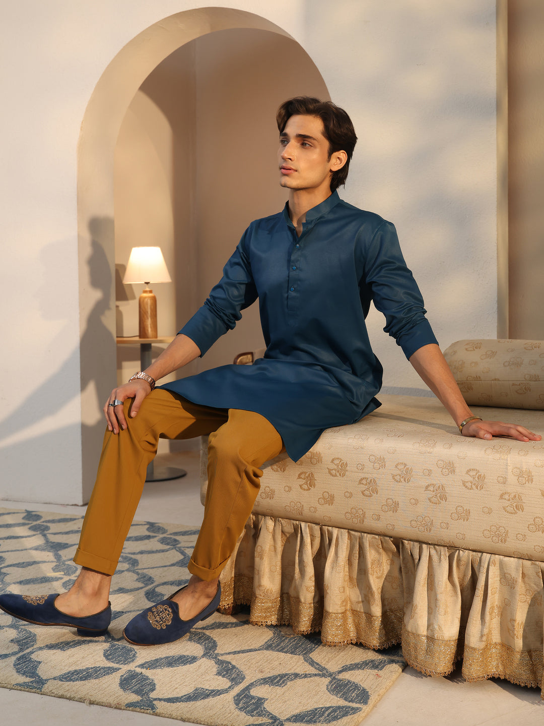 Libas Men's Blue Cotton Straight Kurta