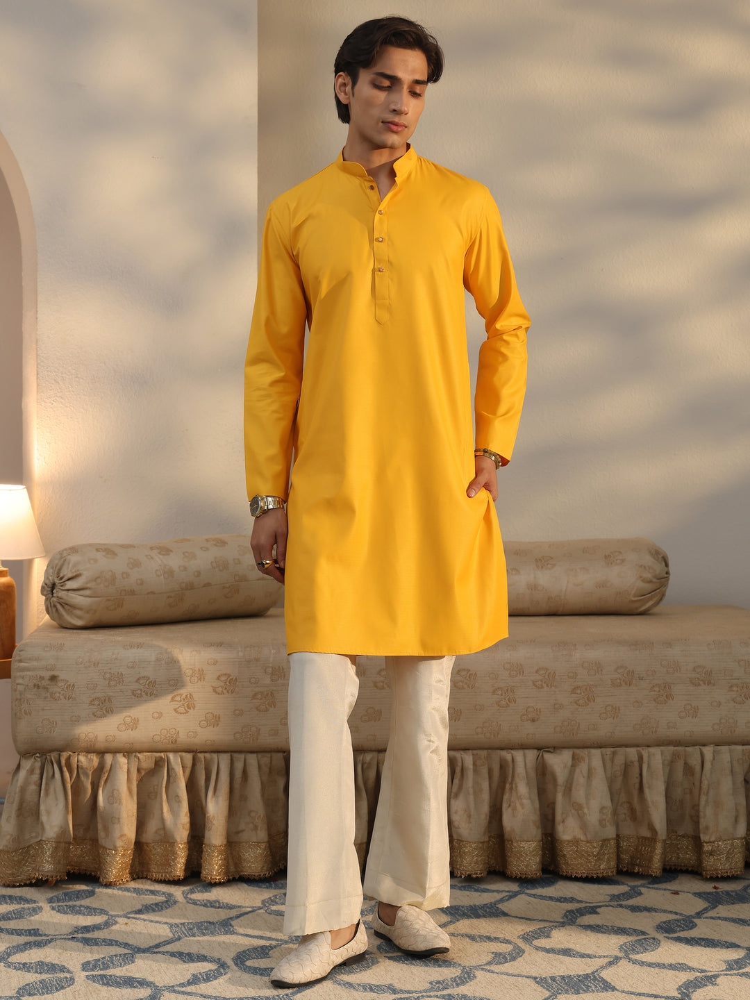  Libas Men's Mustard Cotton Straight Kurta 