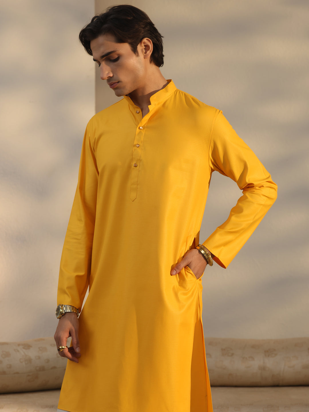  Libas Men's Mustard Cotton Straight Kurta 