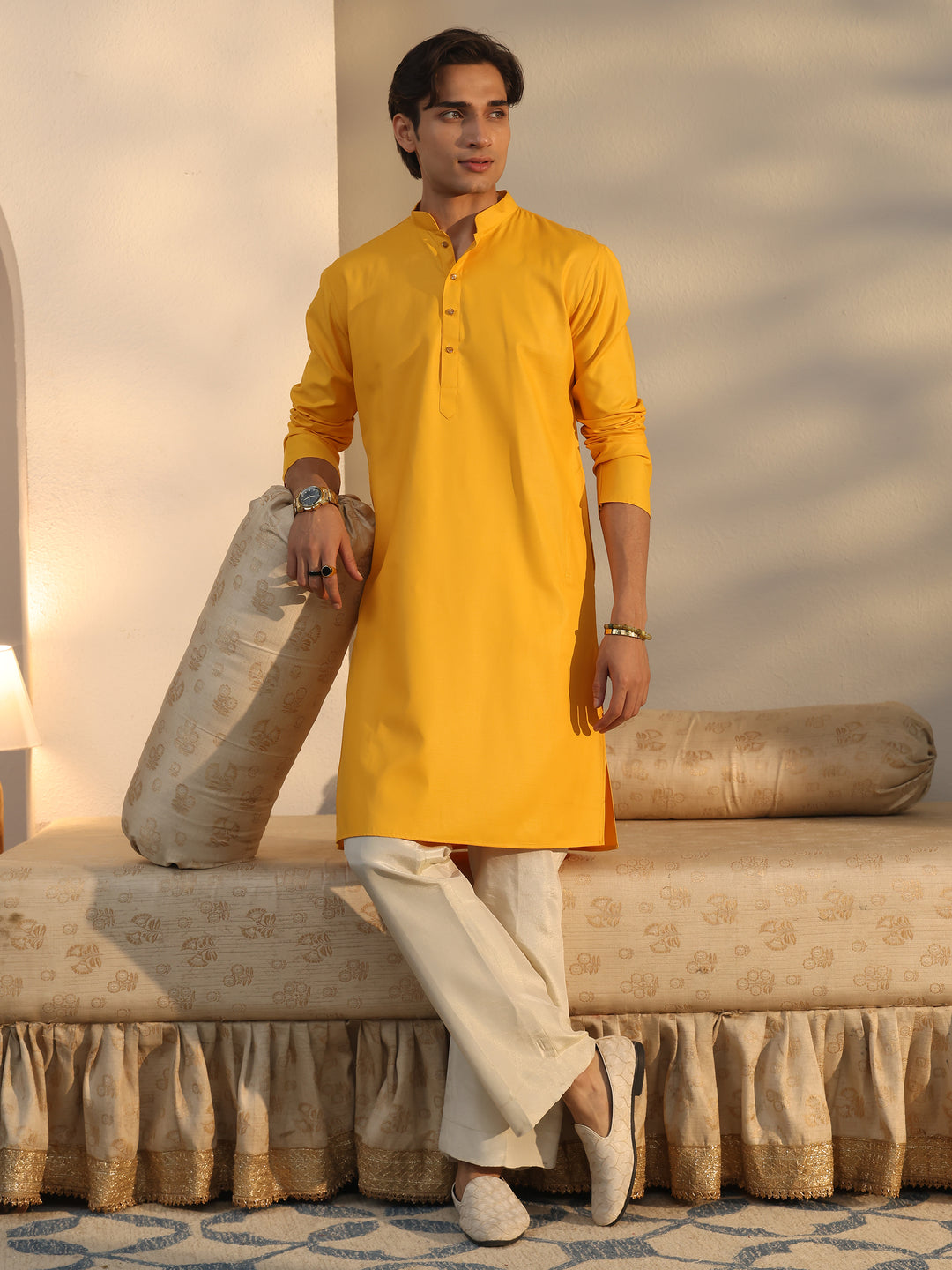  Libas Men's Mustard Cotton Straight Kurta 