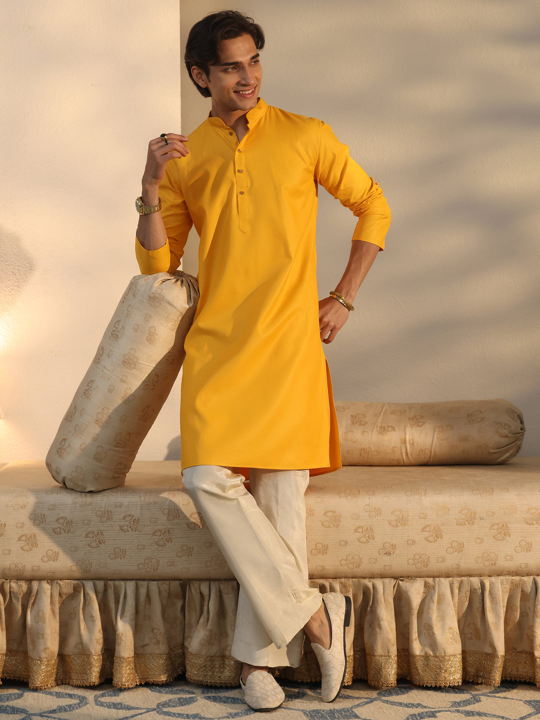 Libas Men's Mustard Cotton Straight Kurta
