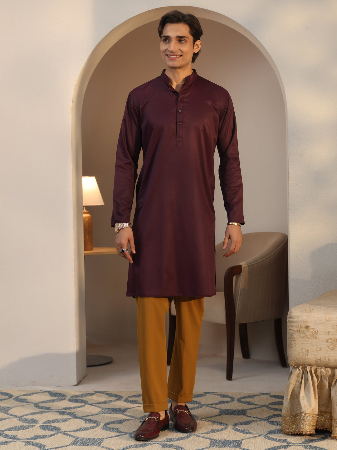  Libas Men's Burgundy Cotton Straight Kurta 