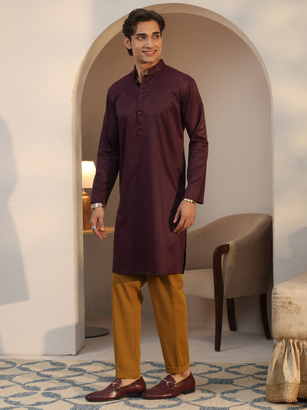  Libas Men's Burgundy Cotton Straight Kurta 