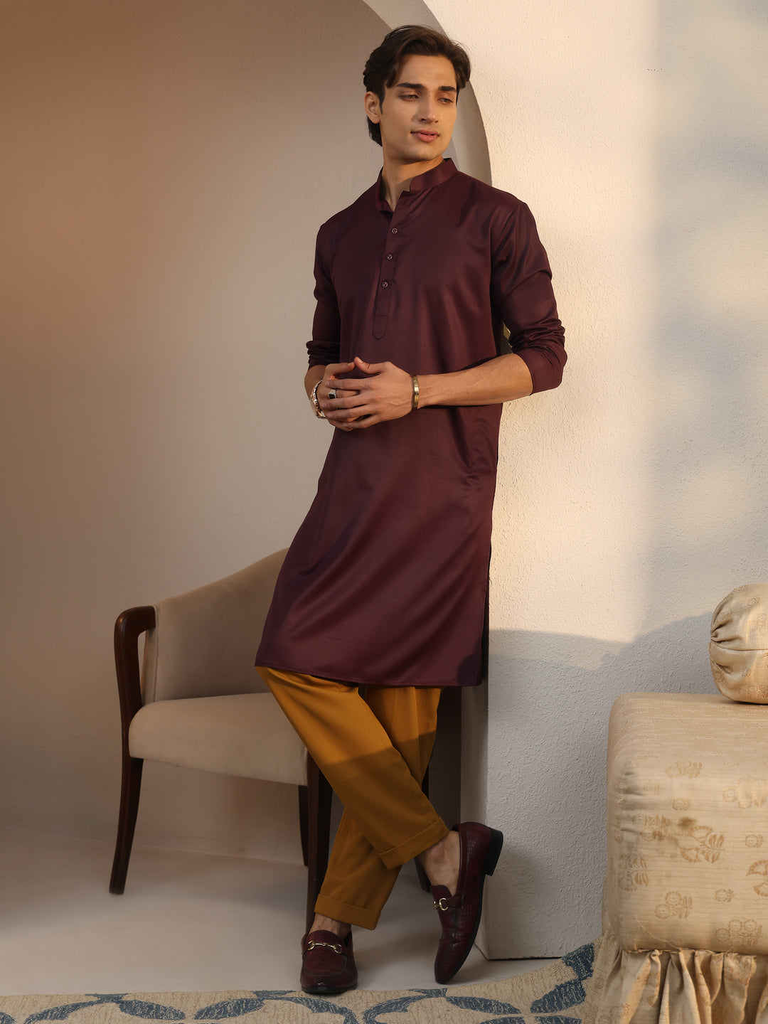 Libas Men's Burgundy Cotton Straight Kurta