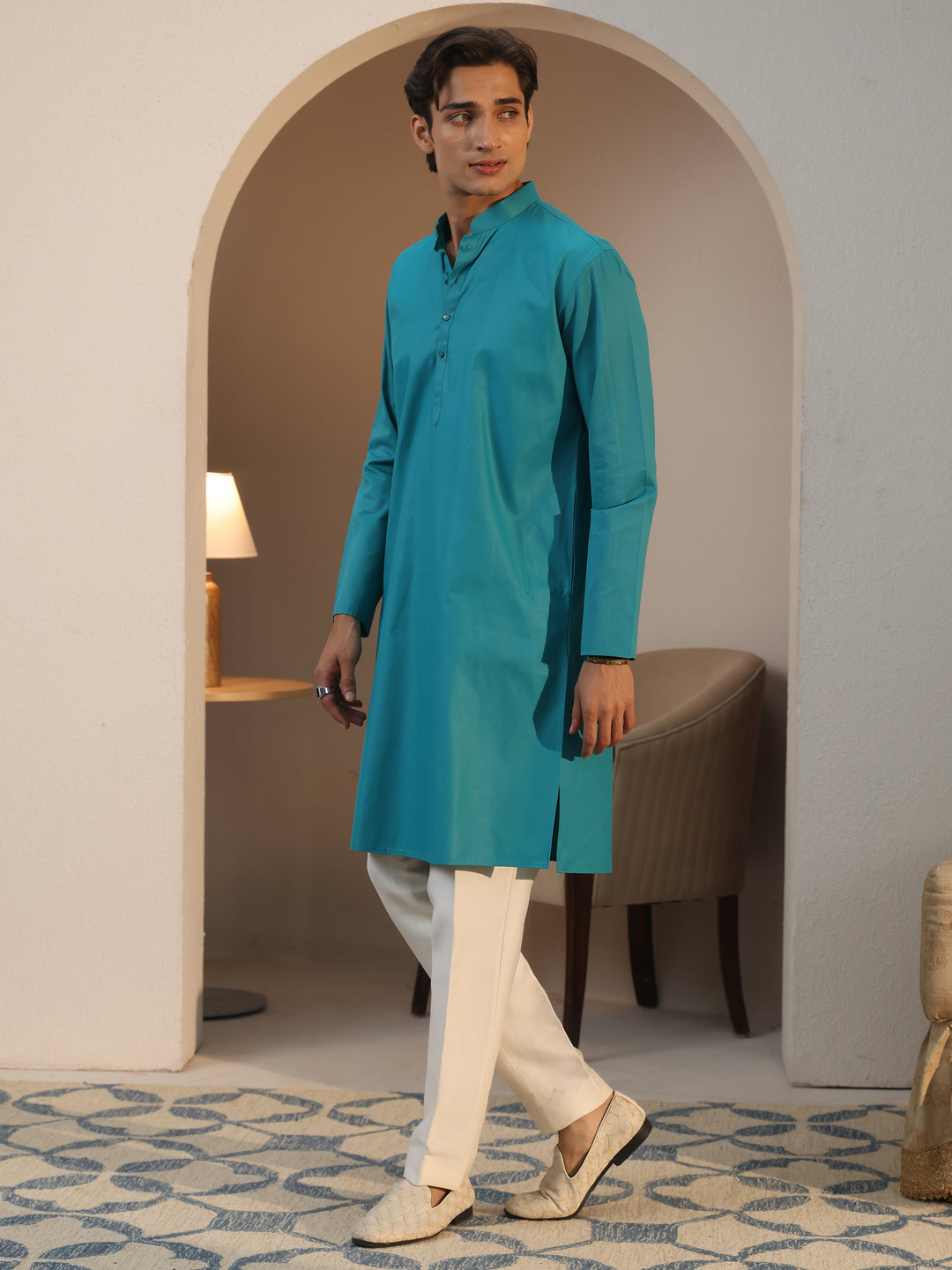  Libas Men's Teal Blue Cotton Straight Kurta 