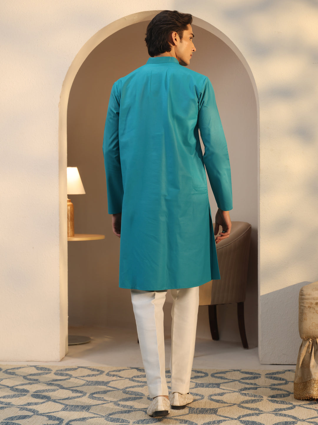  Libas Men's Teal Blue Cotton Straight Kurta 