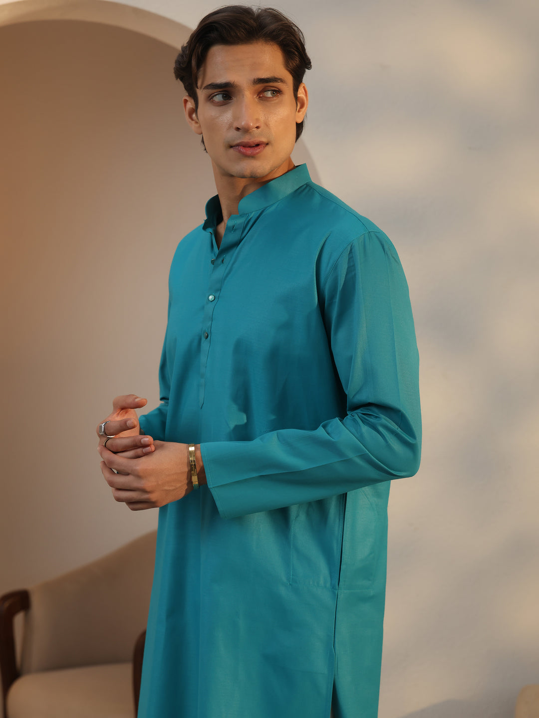  Libas Men's Teal Blue Cotton Straight Kurta 