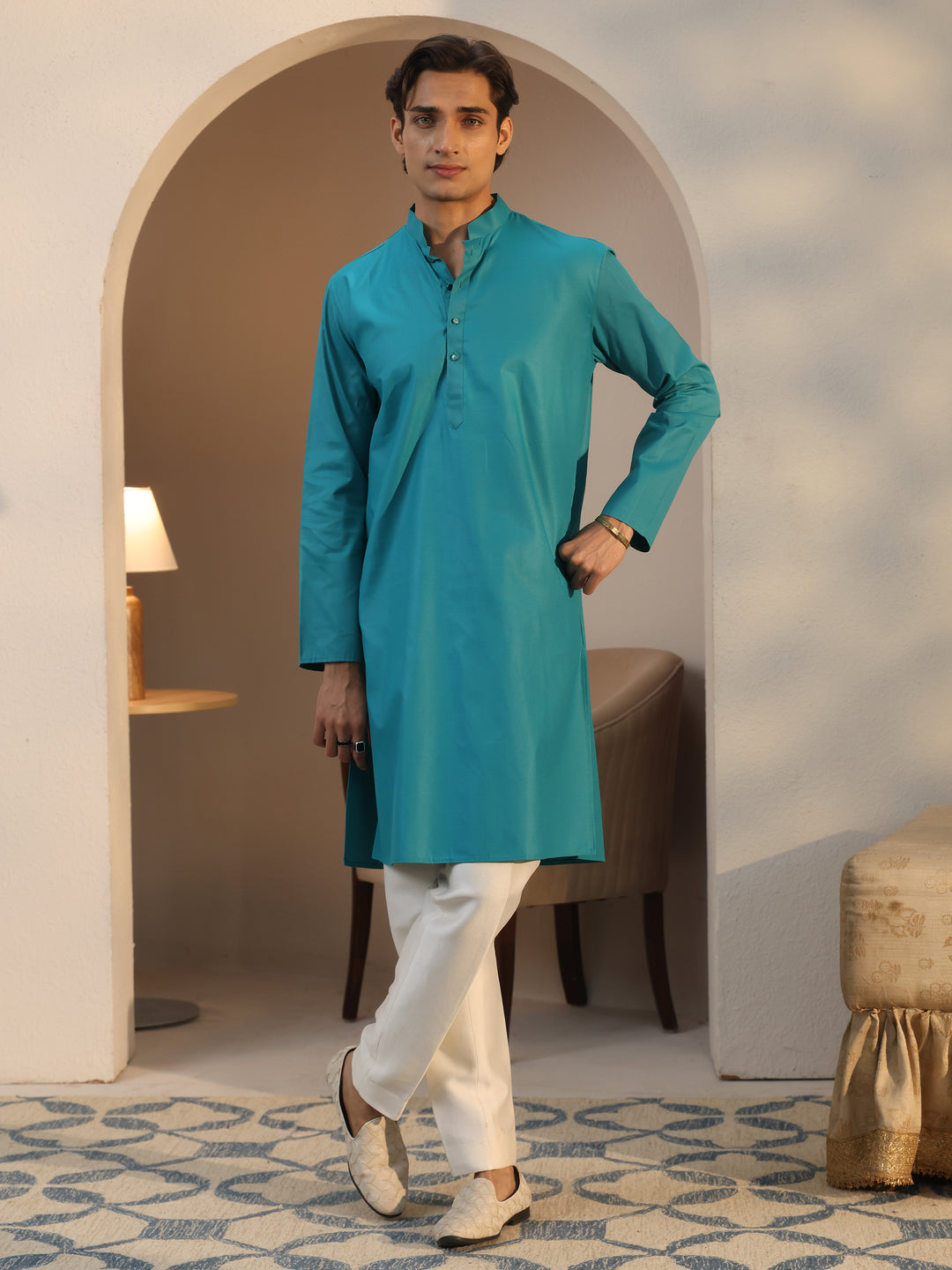  Libas Men's Teal Blue Cotton Straight Kurta 