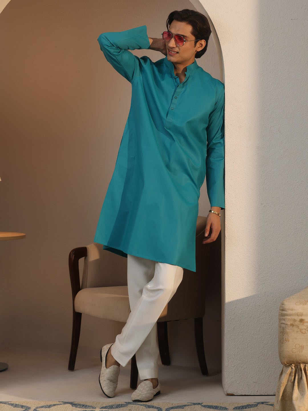 Libas Men's Teal Blue Cotton Straight Kurta