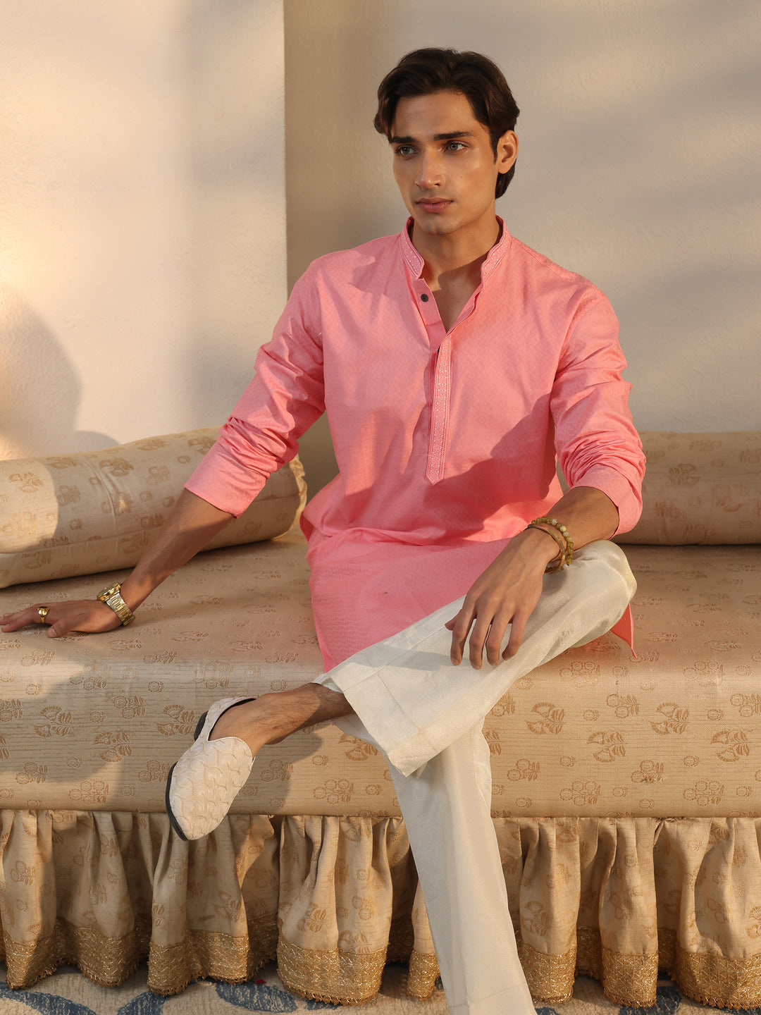 Libas Men's Peach Cotton Blend Straight Kurta