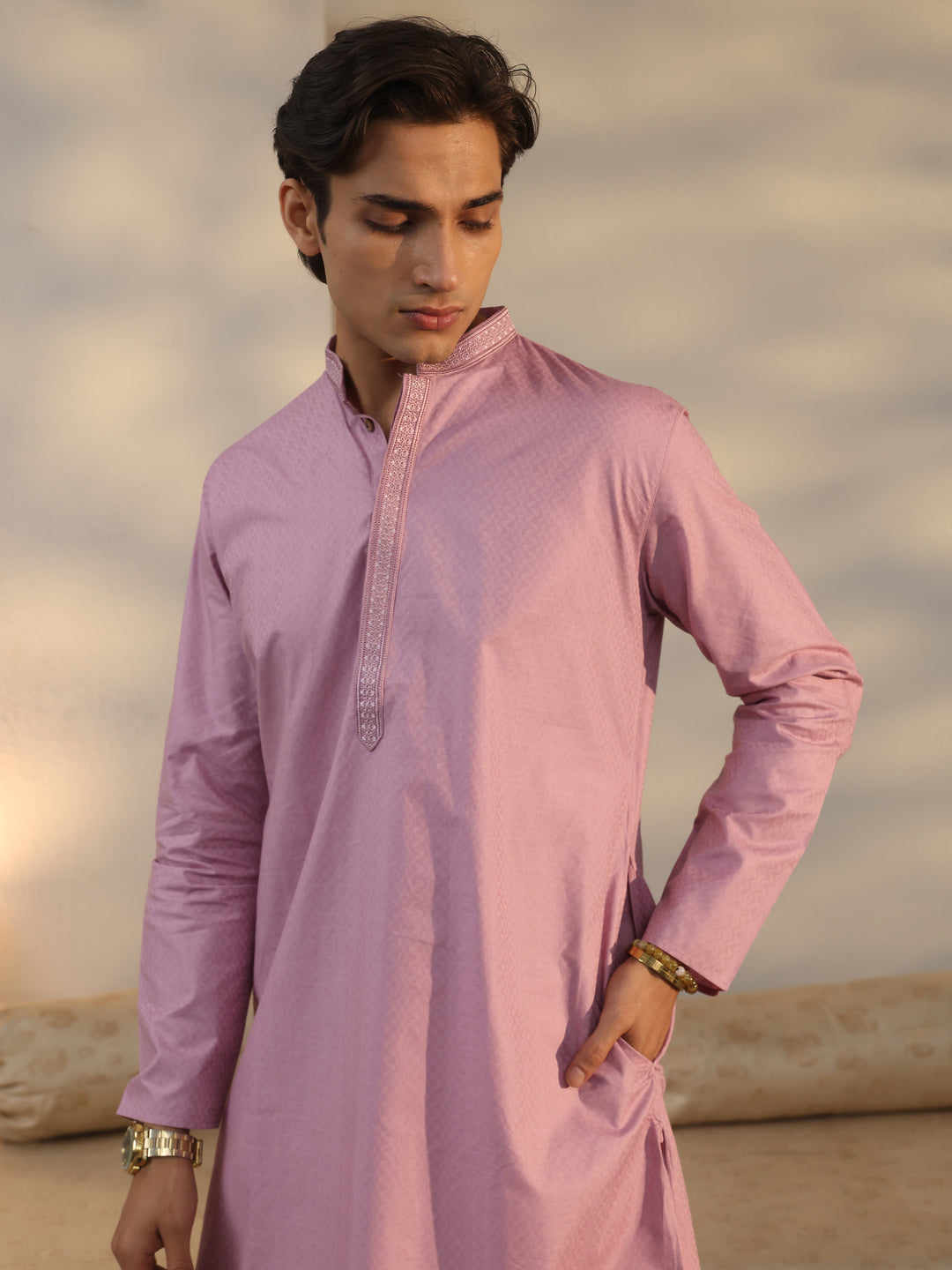  Libas Men's Lavender Cotton Blend Straight Kurta 