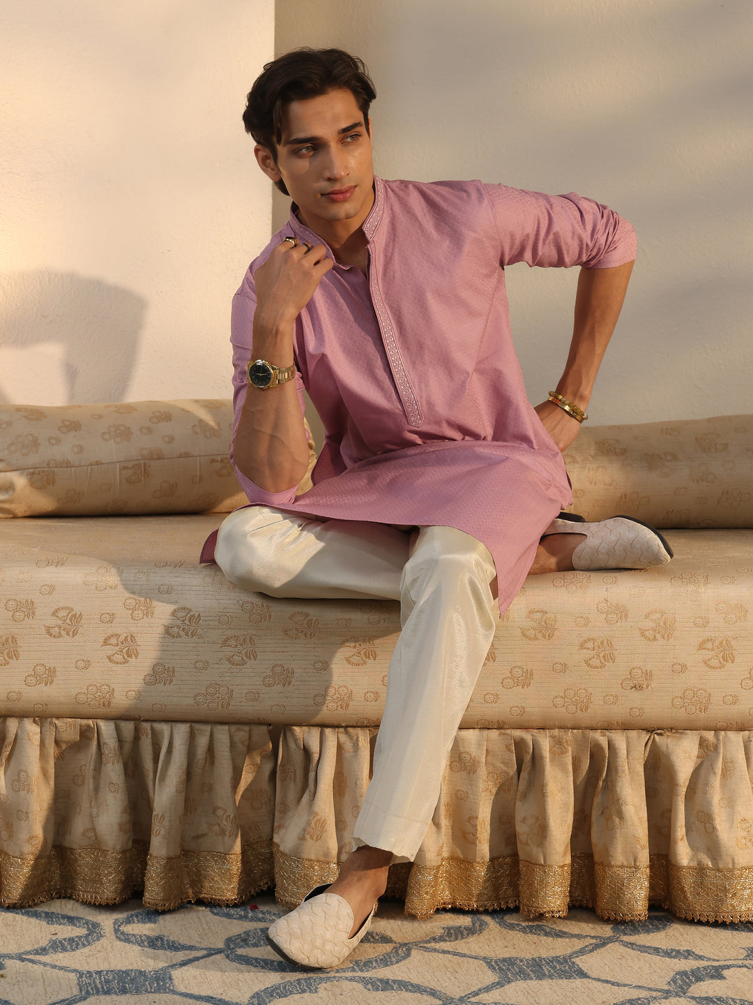 Libas Men's Lavender Cotton Blend Straight Kurta