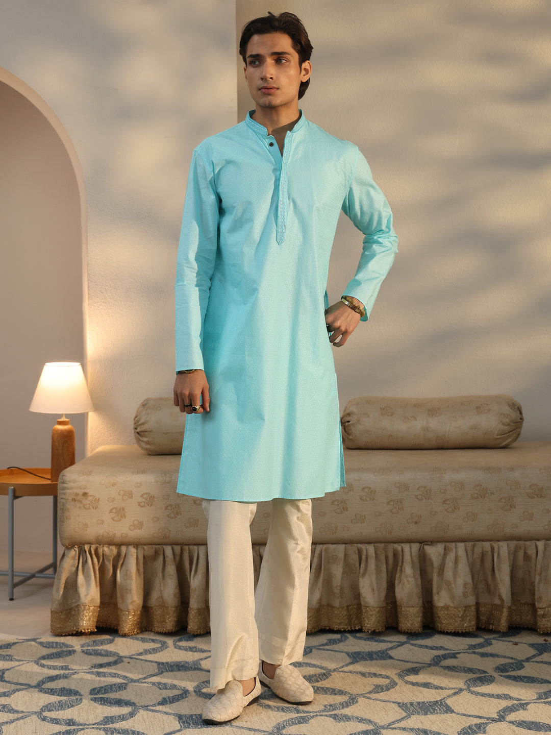  Libas Men's Blue Cotton Blend Straight Kurta 