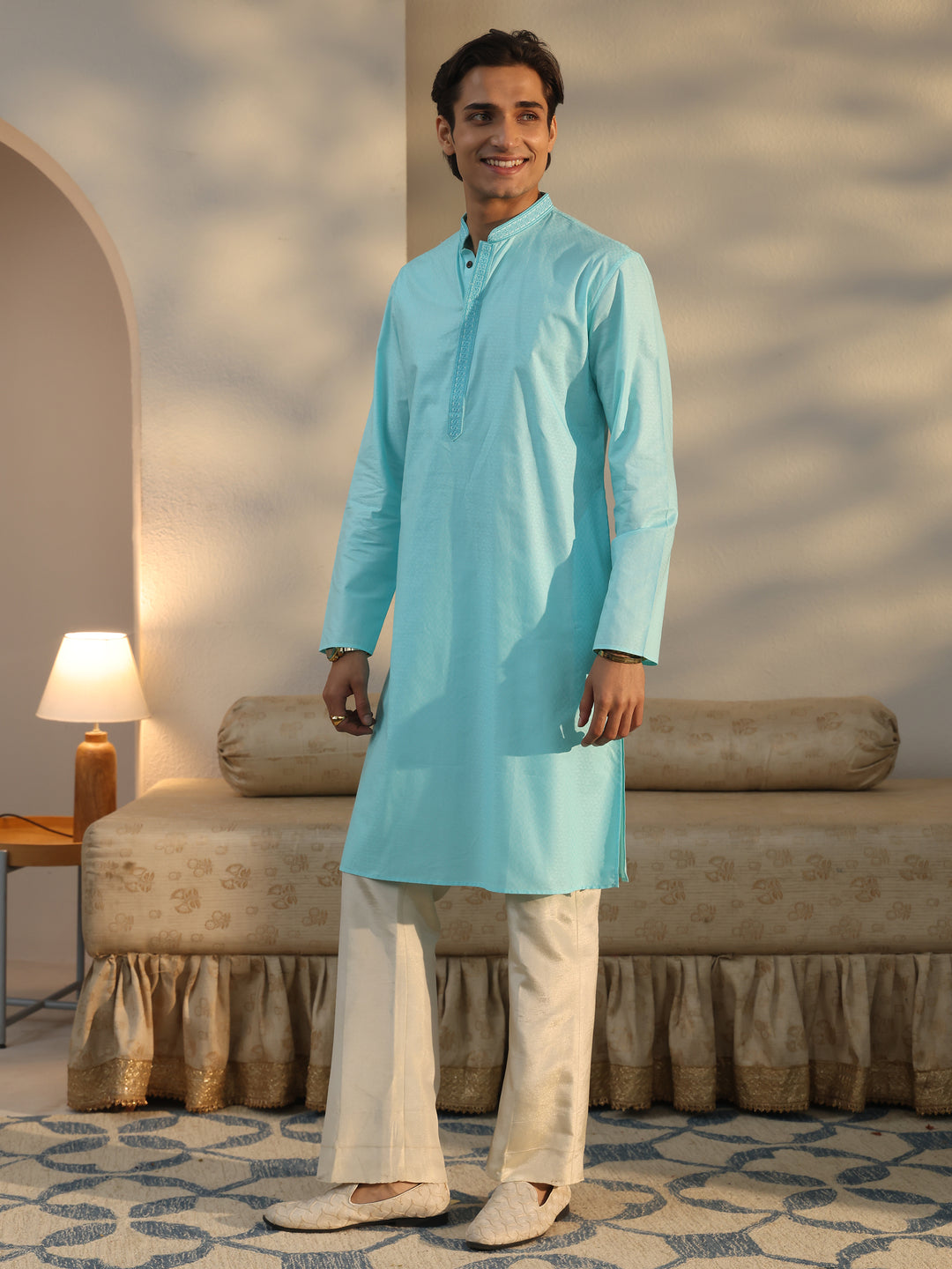  Libas Men's Blue Cotton Blend Straight Kurta 