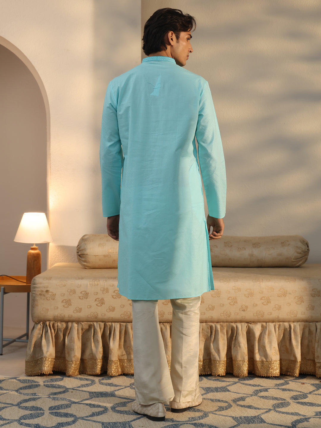  Libas Men's Blue Cotton Blend Straight Kurta 
