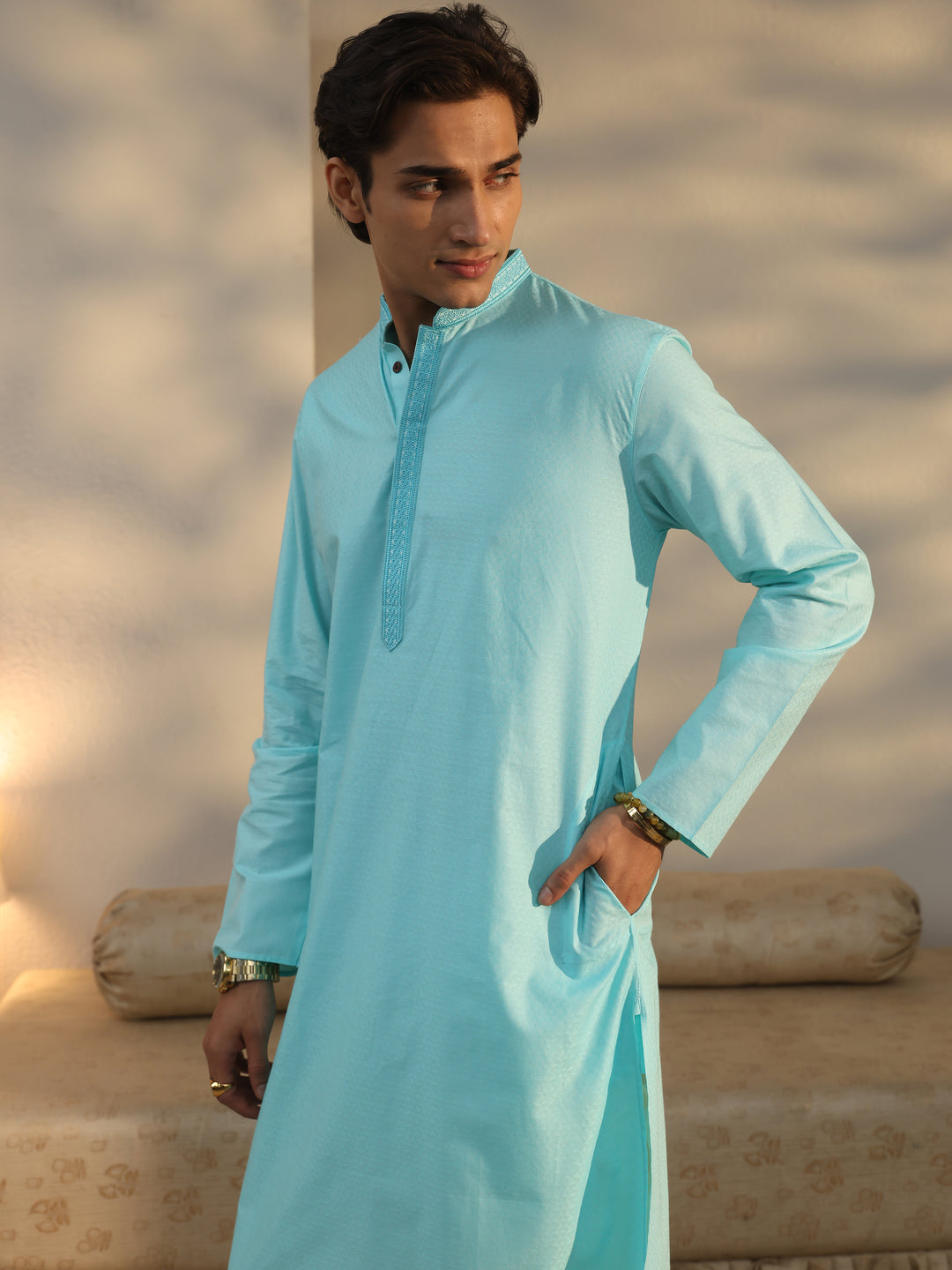  Libas Men's Blue Cotton Blend Straight Kurta 