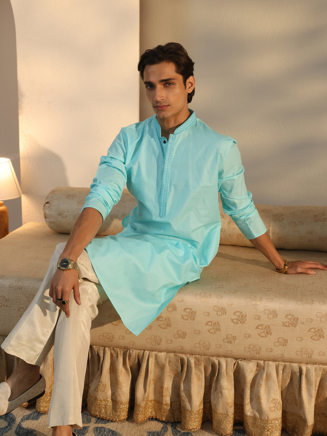  Libas Men's Blue Cotton Blend Straight Kurta 