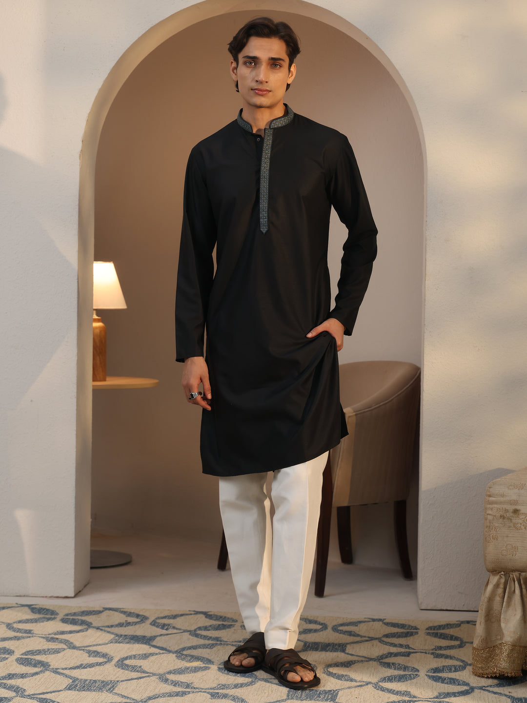  Libas Men's Black Cotton Straight Kurta 