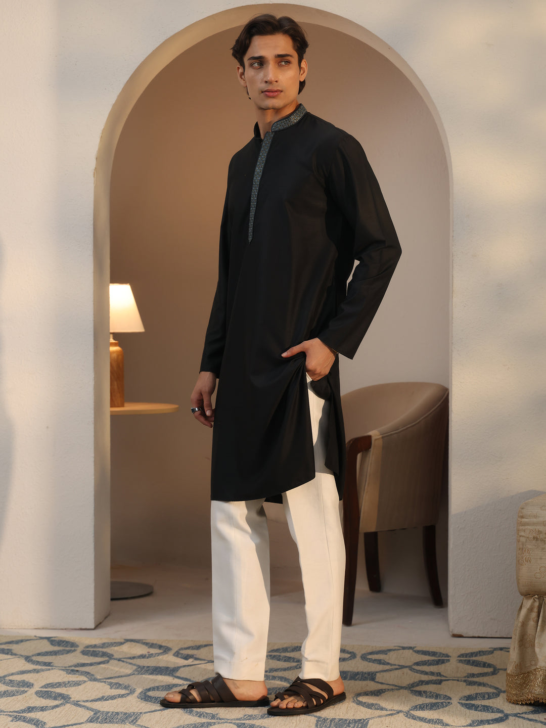  Libas Men's Black Cotton Straight Kurta 