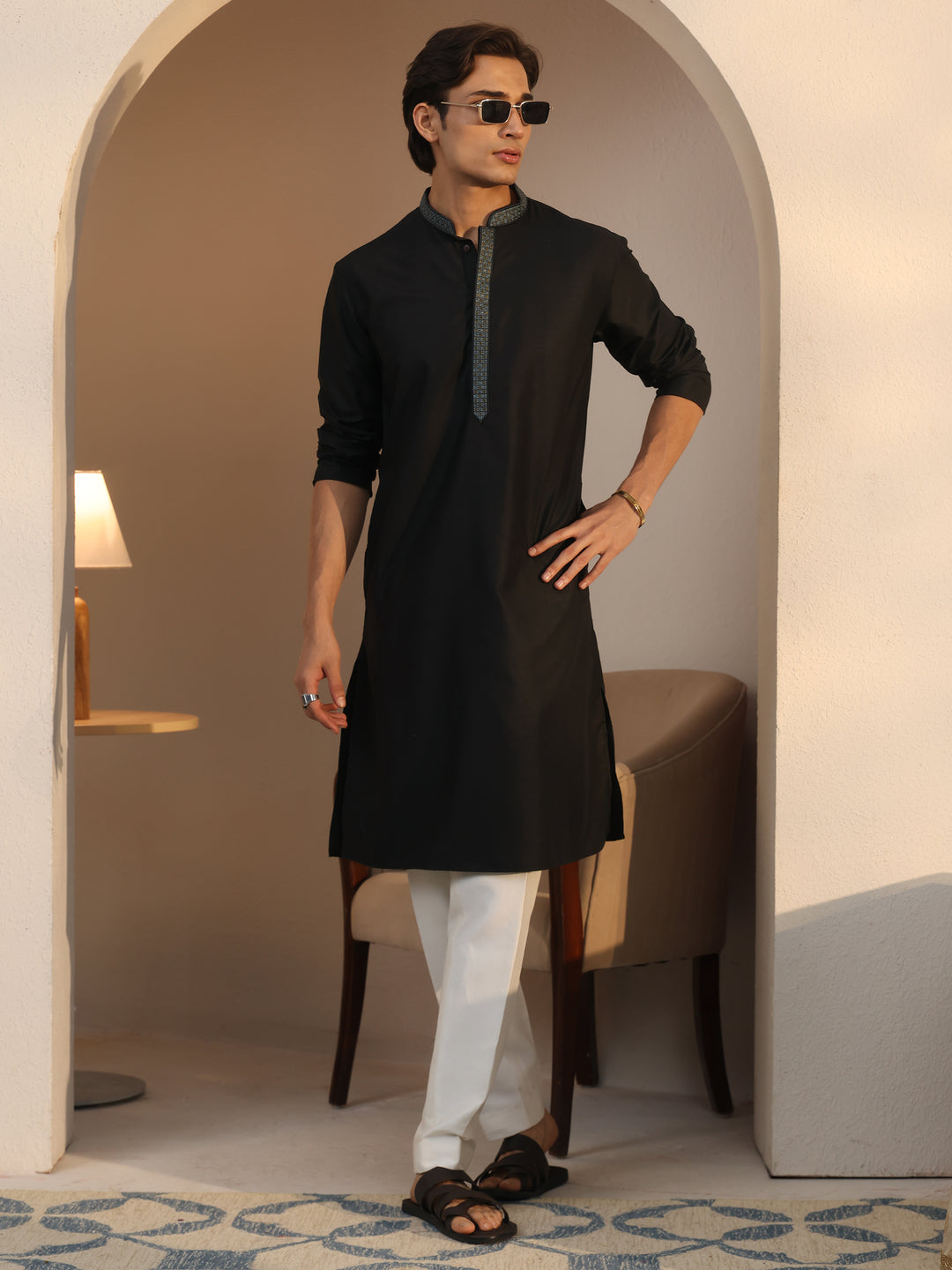  Libas Men's Black Cotton Straight Kurta 
