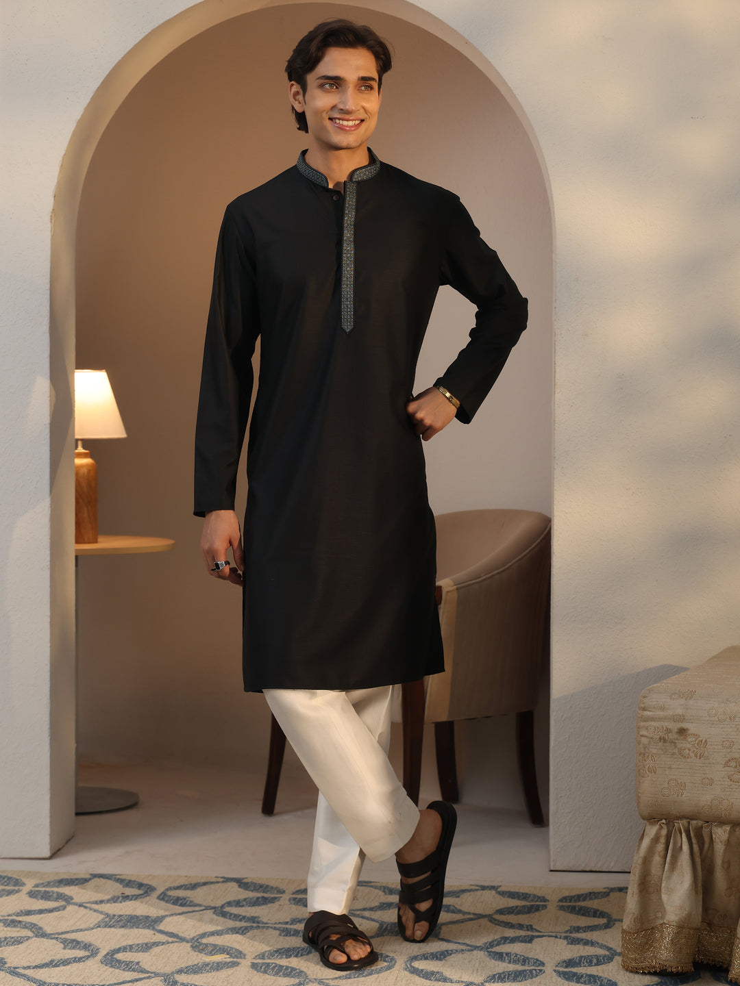  Libas Men's Black Cotton Straight Kurta 