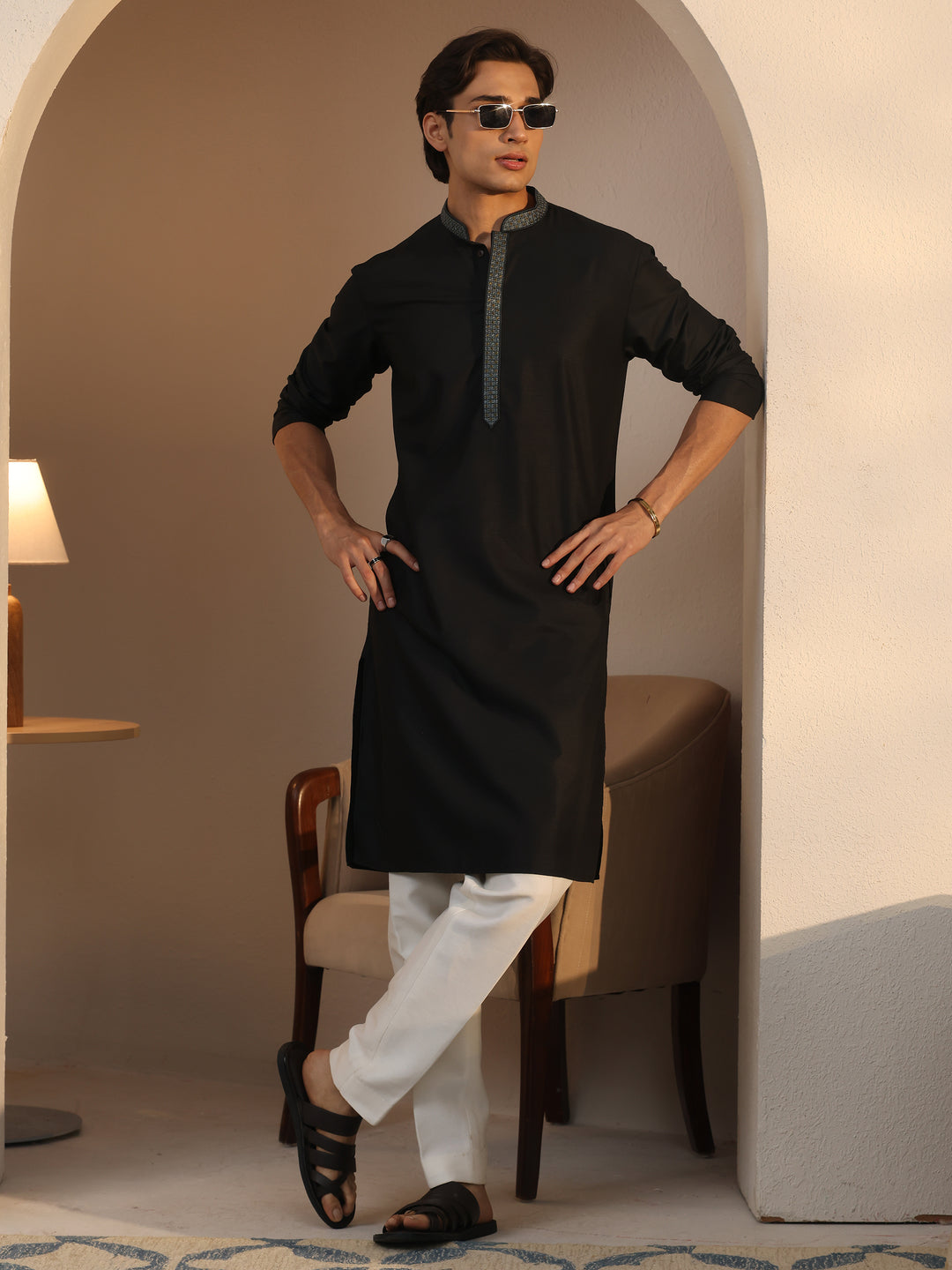 Libas Men's Black Cotton Straight Kurta