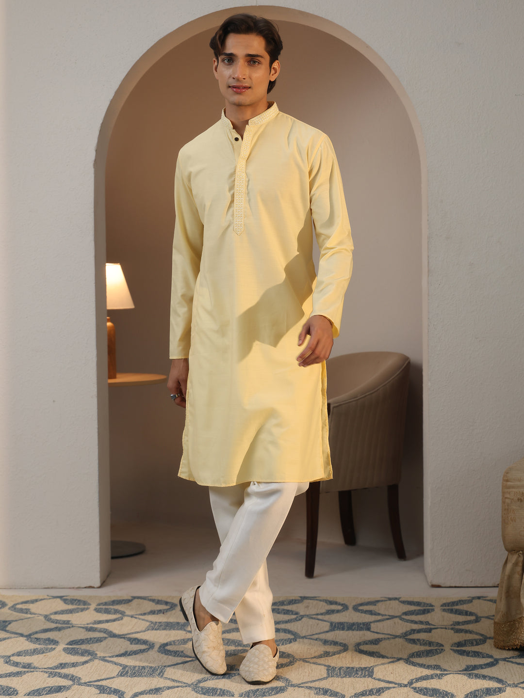  Libas Men's Yellow Cotton Straight Kurta 