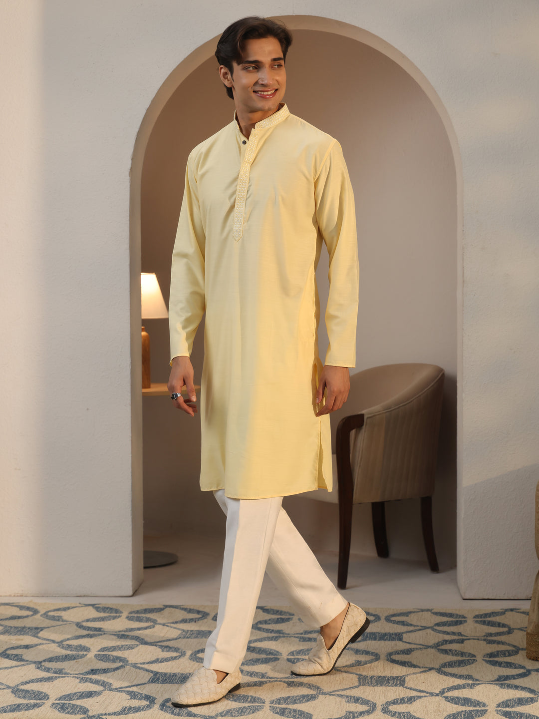  Libas Men's Yellow Cotton Straight Kurta 