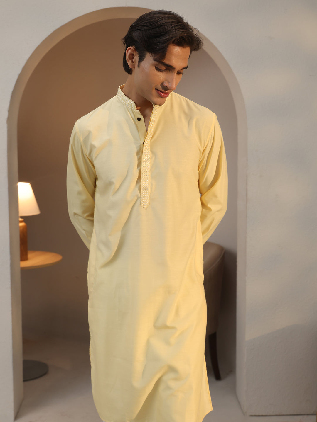  Libas Men's Yellow Cotton Straight Kurta 
