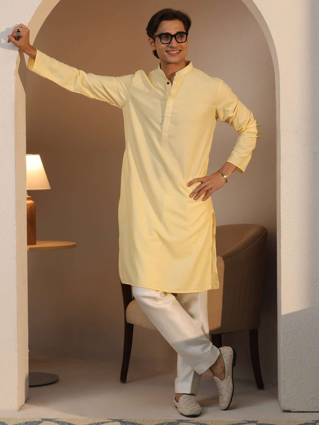  Libas Men's Yellow Cotton Straight Kurta 