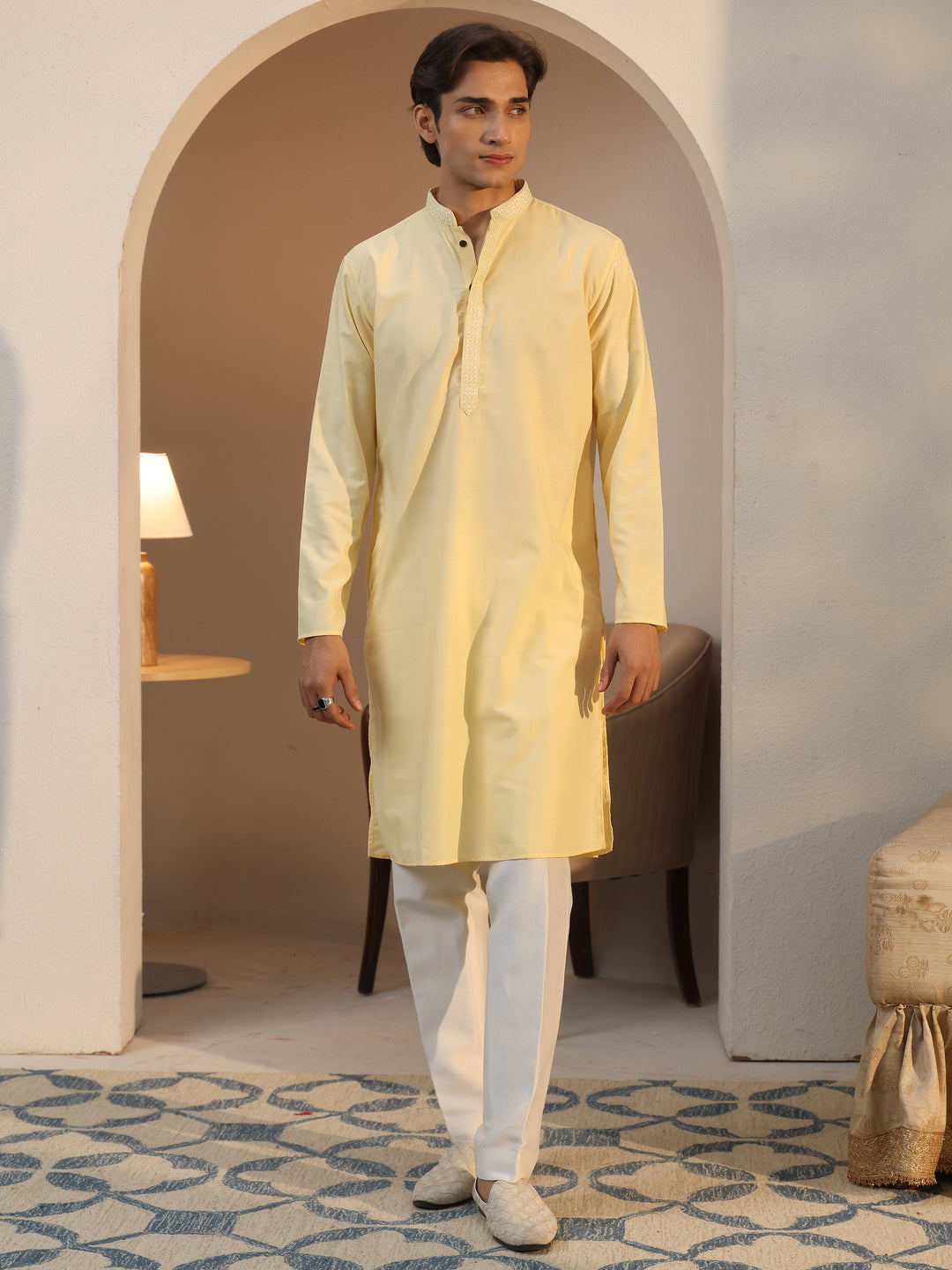  Libas Men's Yellow Cotton Straight Kurta 