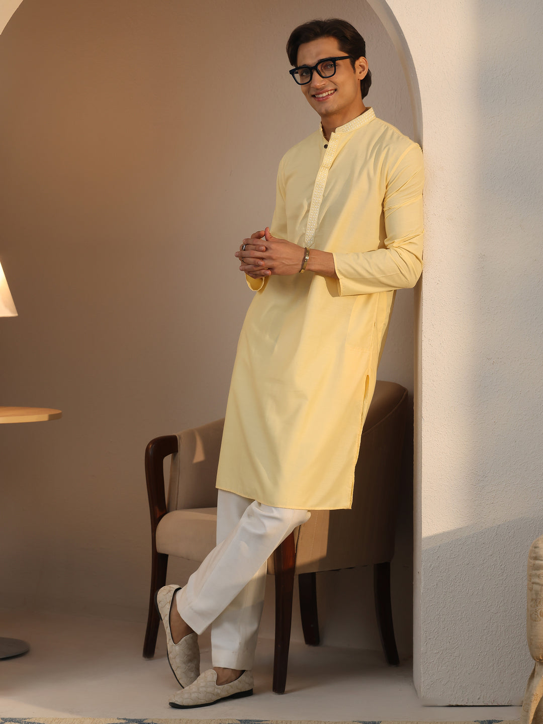 Libas Men's Yellow Cotton Straight Kurta