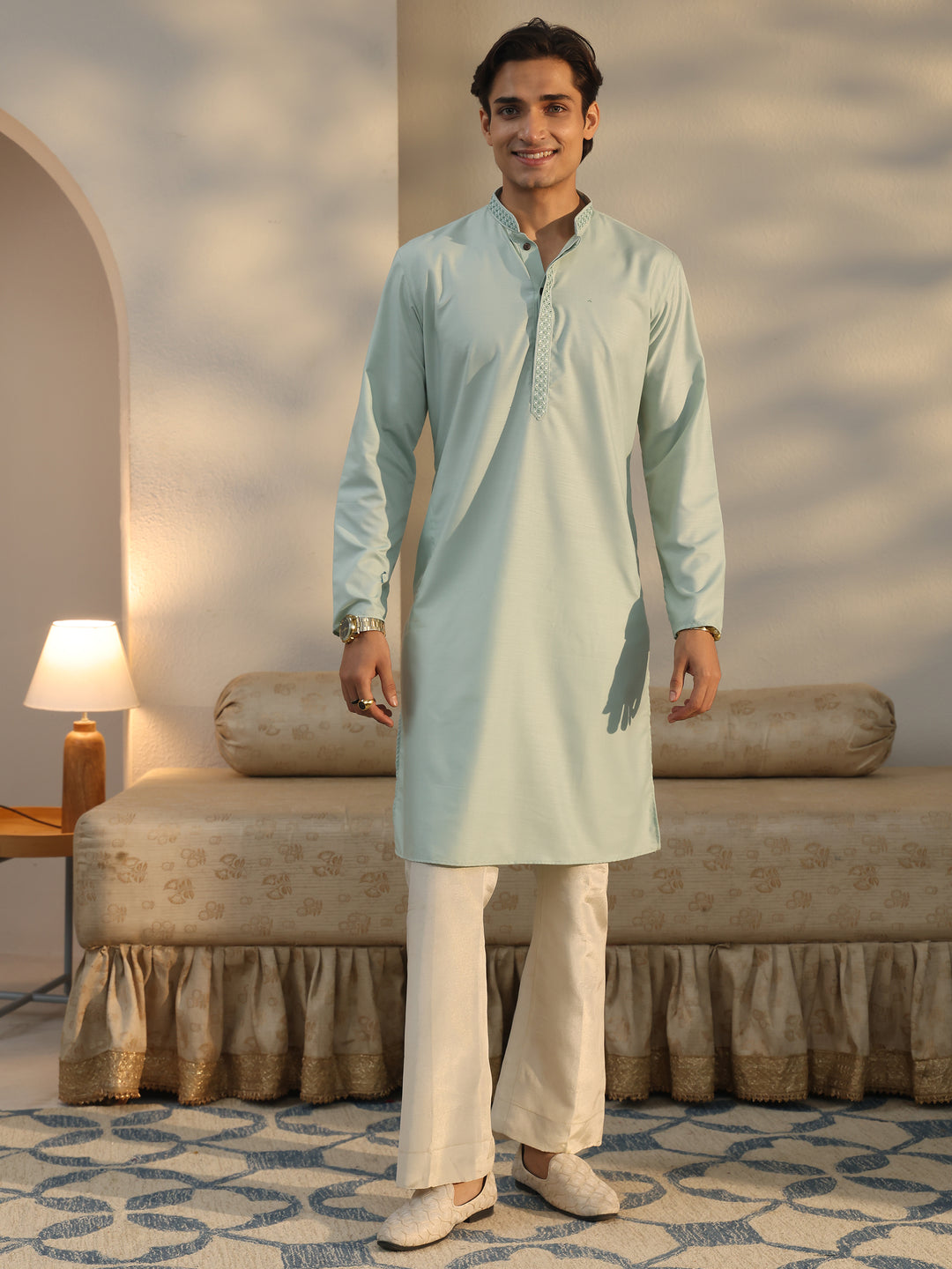 Libas Men's Pista Green Cotton Straight Kurta