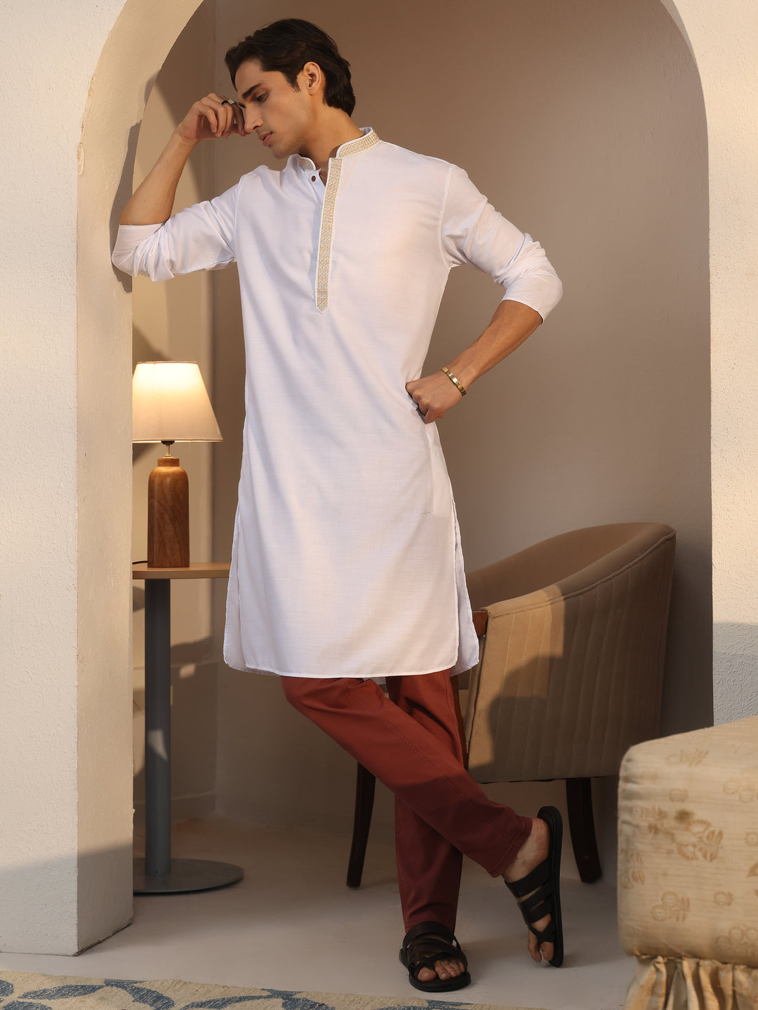 Libas Men's White Cotton Straight Kurta 