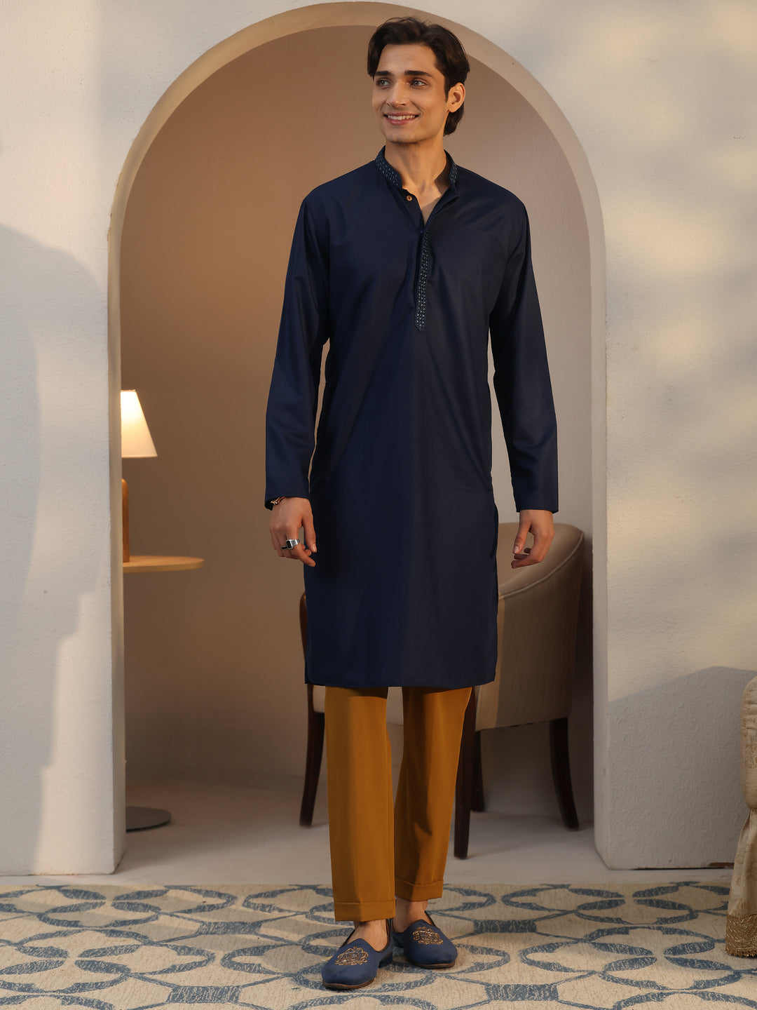  Libas Men's Navy Blue Cotton Straight Kurta 