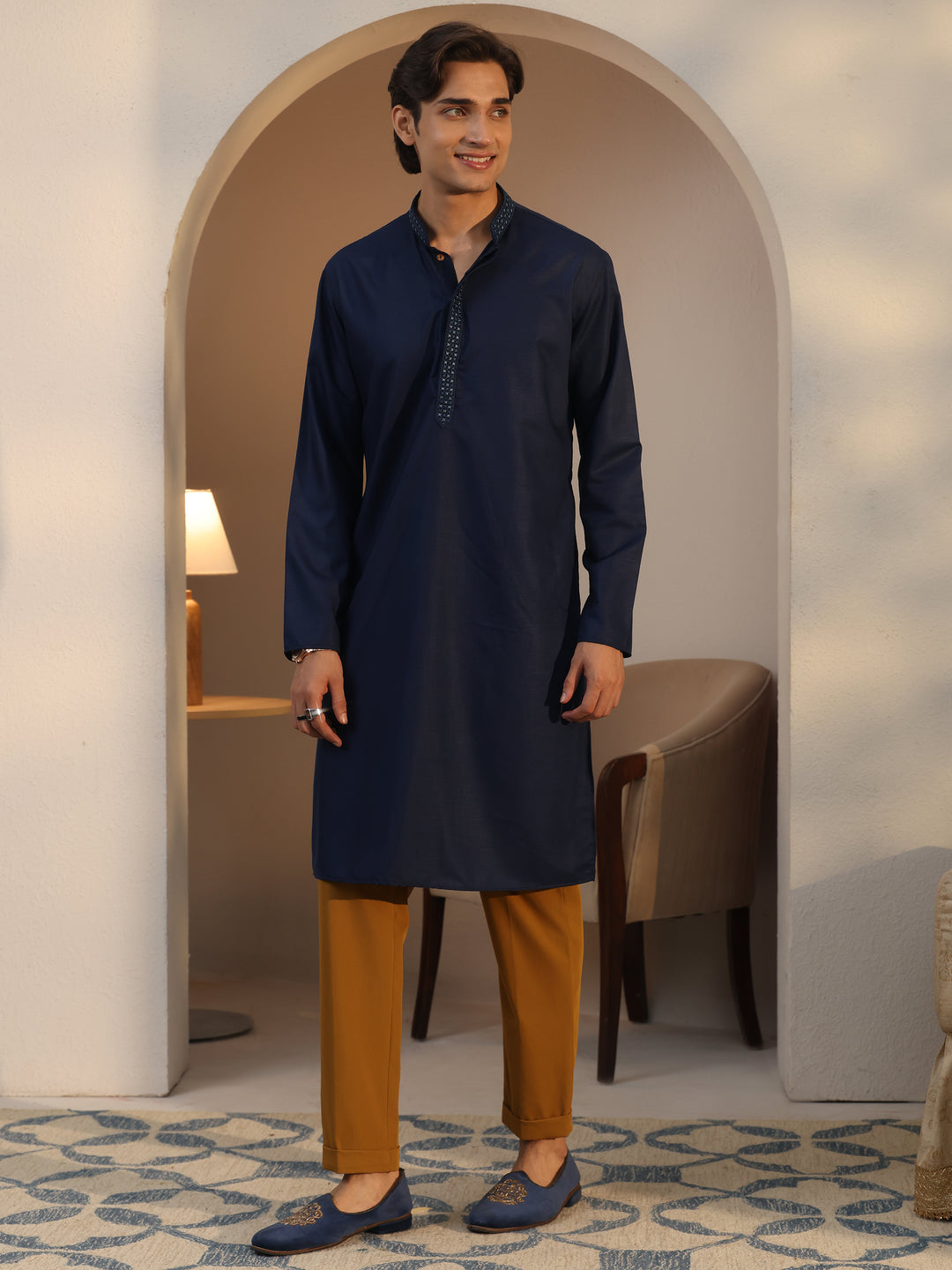  Libas Men's Navy Blue Cotton Straight Kurta 
