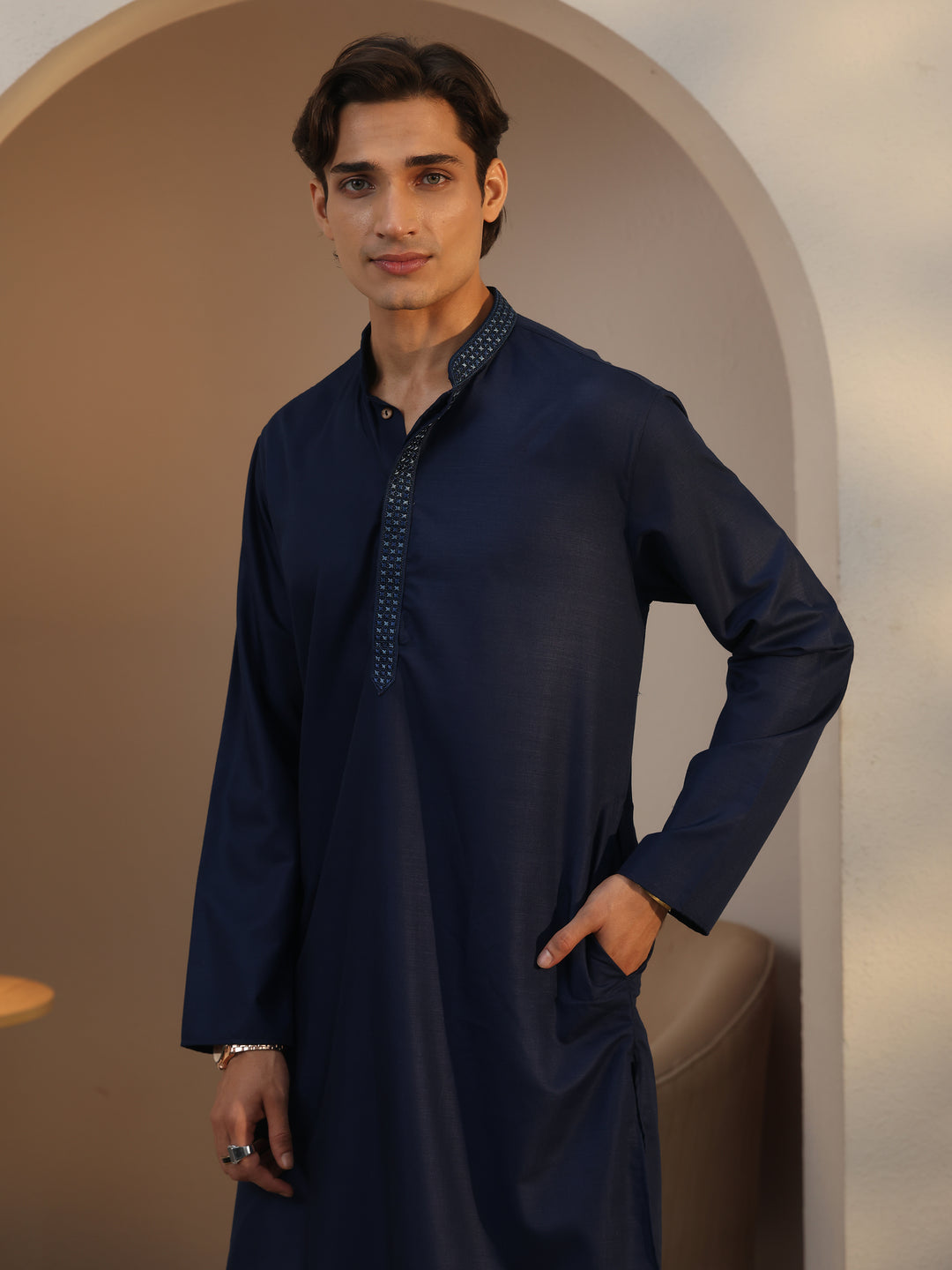  Libas Men's Navy Blue Cotton Straight Kurta 