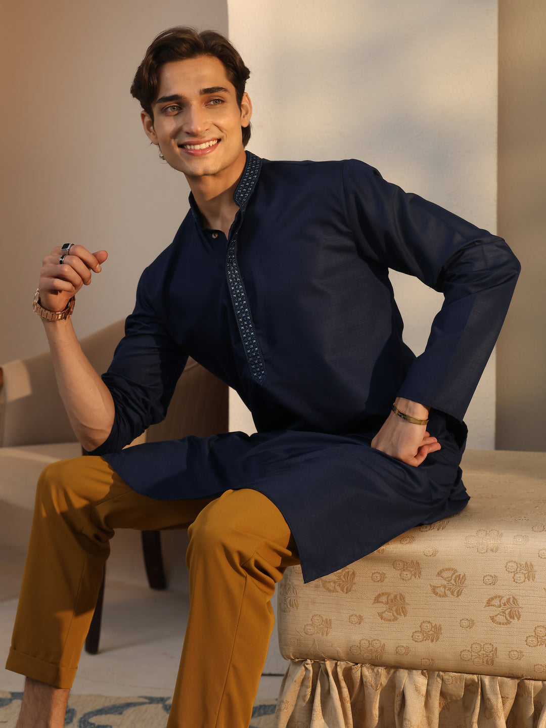  Libas Men's Navy Blue Cotton Straight Kurta 