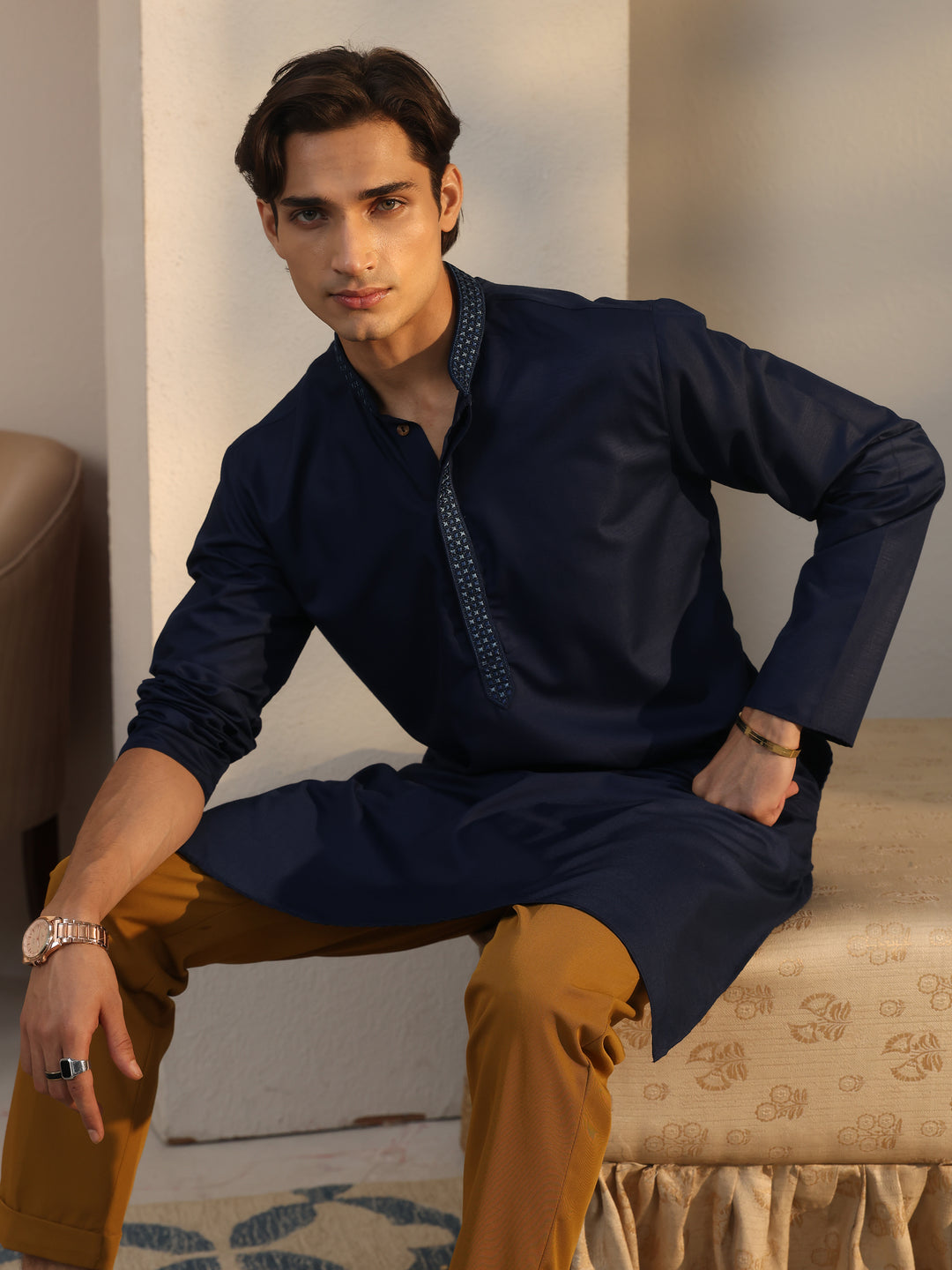 Libas Men's Navy Blue Cotton Straight Kurta