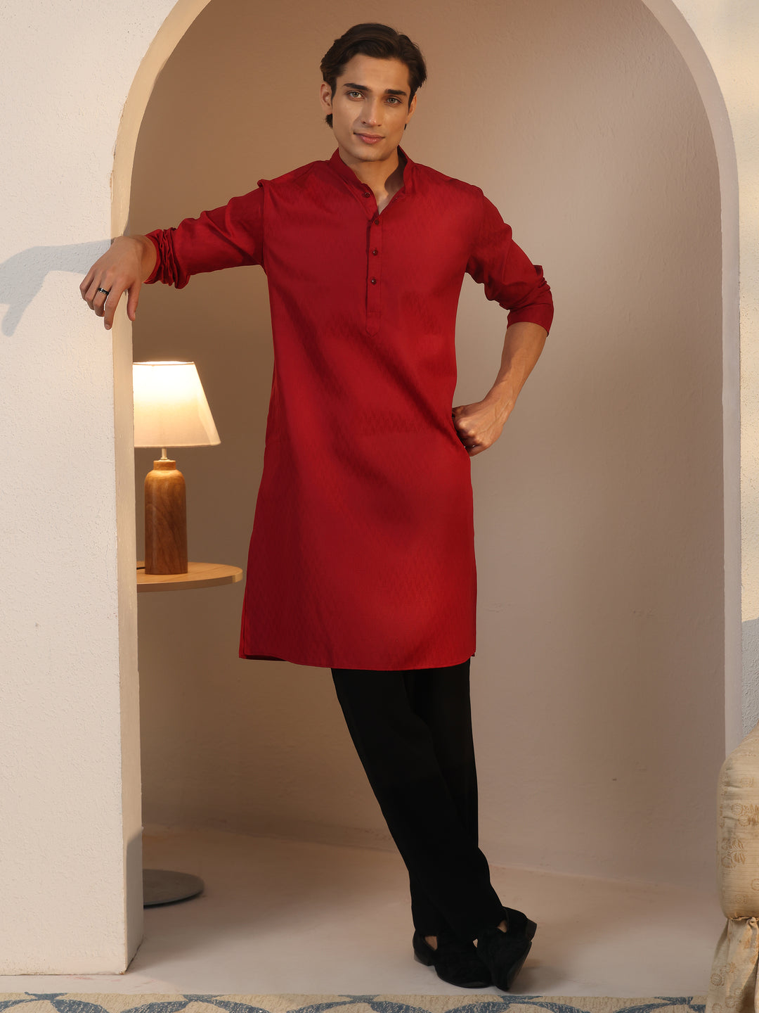 Libas Men's Maroon Cotton Blend Straight Kurta