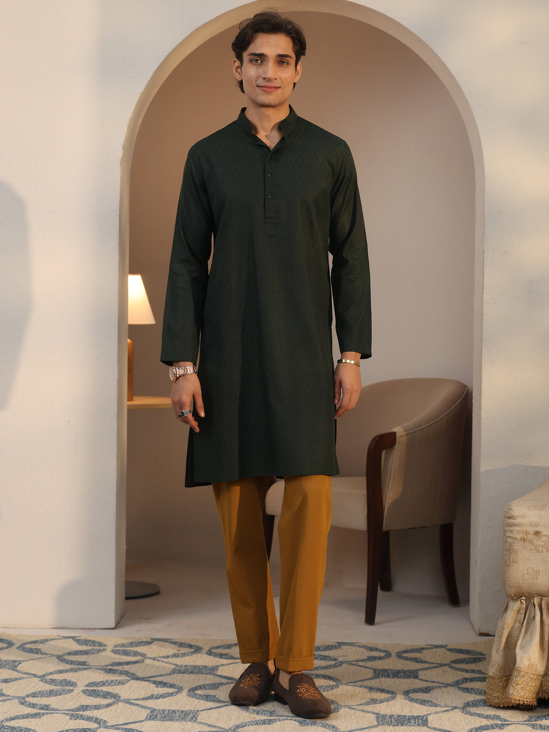  Libas Men's Dark Green Cotton Blend Straight Kurta 